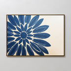 Azure Radiance Canvas Art - Horizontal features a large, stylized blue flower with broad petals on a beige background. Its off-center design adds a bold, modern touch to living rooms or contemporary bedrooms.