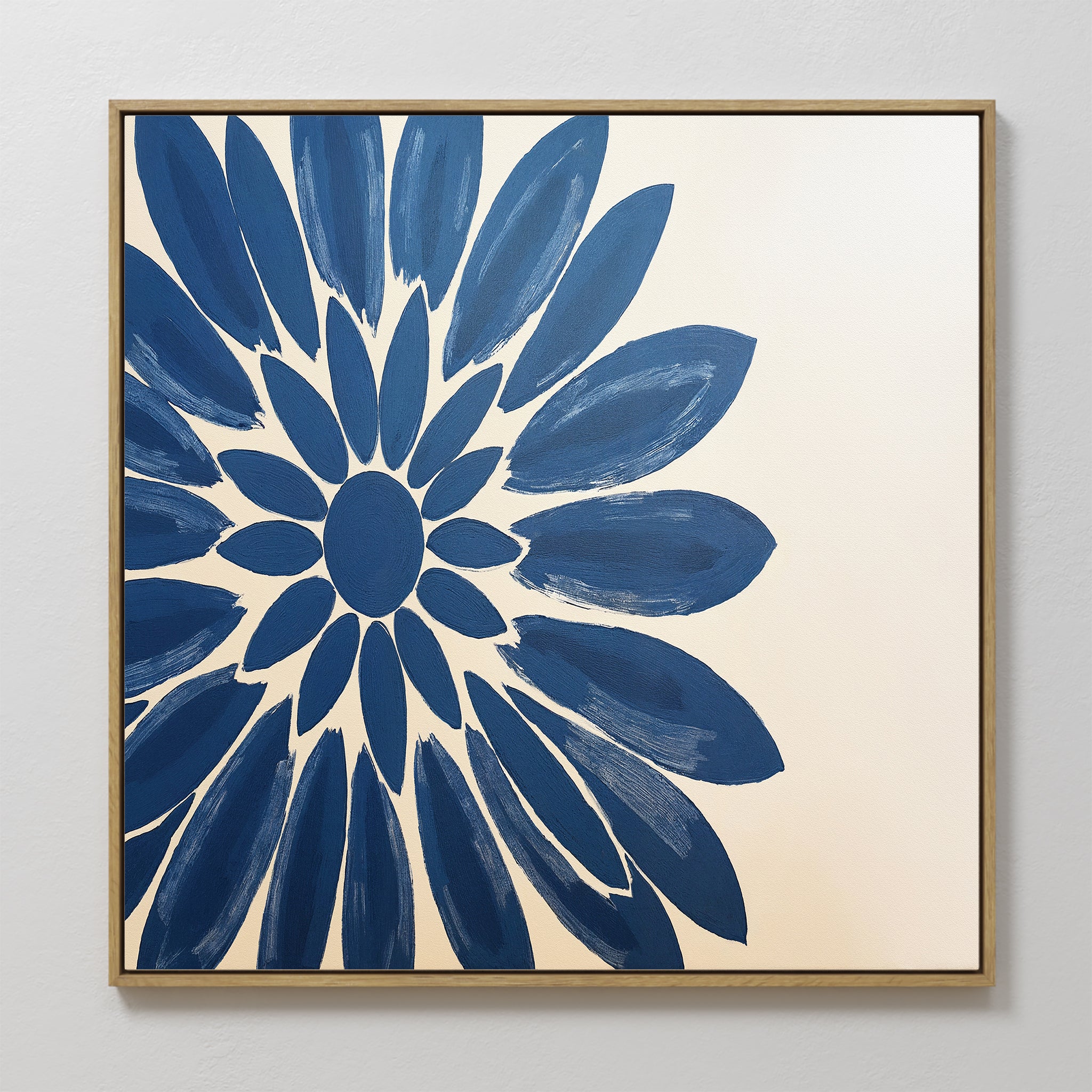 The Azure Radiance Canvas Art - Square features a large abstract blue flower with broad petals on a cream background, framed and ideal for modern home decor.