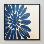 Azure Radiance Canvas Art - Square features bold blue petals radiating from a central oval on a light beige background, creating striking indigo wall art perfect for modern home decor.
