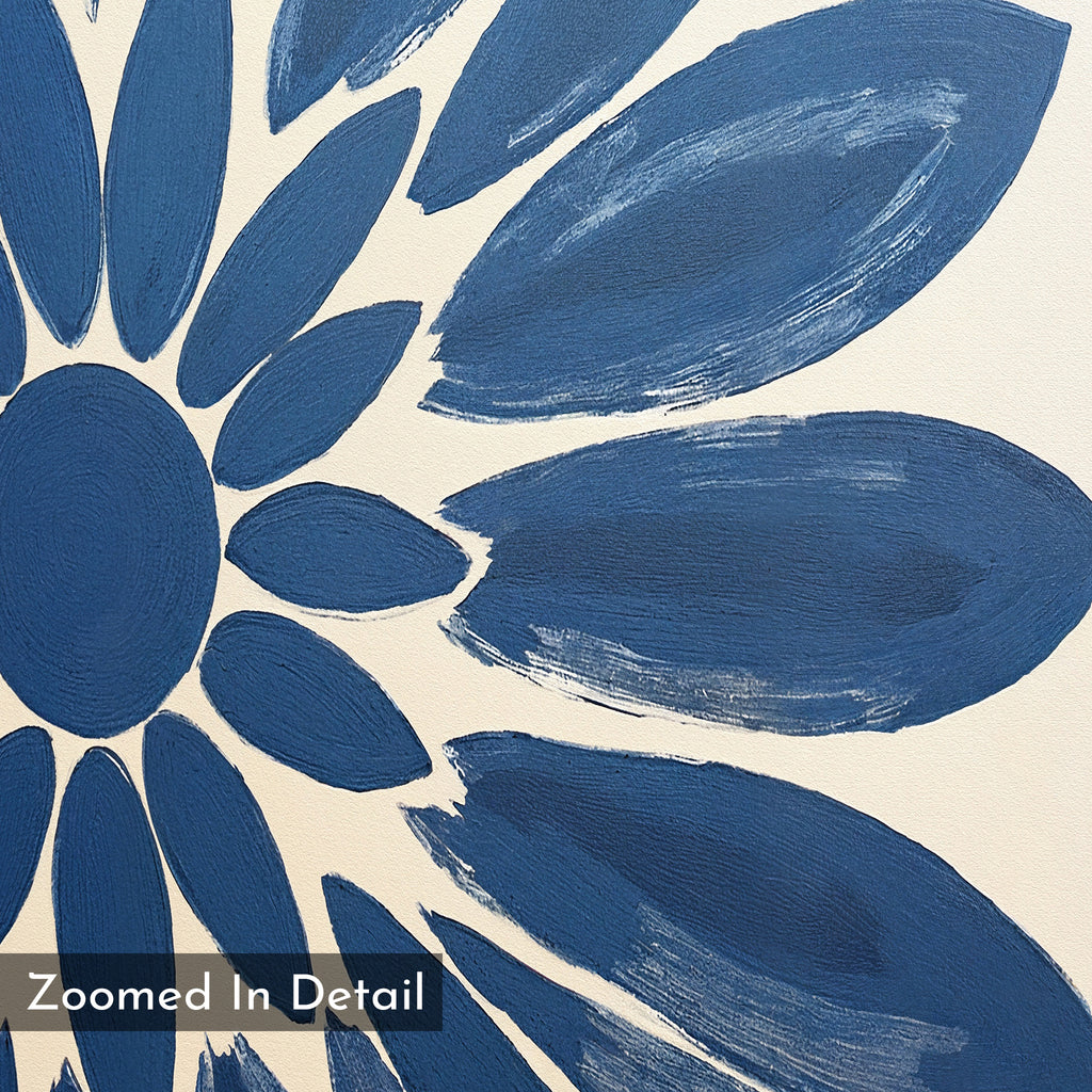 A close-up of a painted blue flower with textured brush strokes on a cream background, ideal as indigo wall décor. “Zoomed In Detail” appears in the lower left. Shown: Azure Radiance Canvas Art - Square.