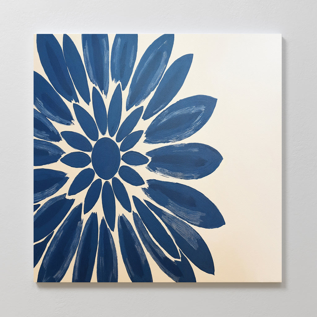 Azure Radiance Canvas Art - Square features a large abstract blue flower with bold petals on an off-white background, creating striking indigo wall art perfect for adding modern elegance to your home decor.