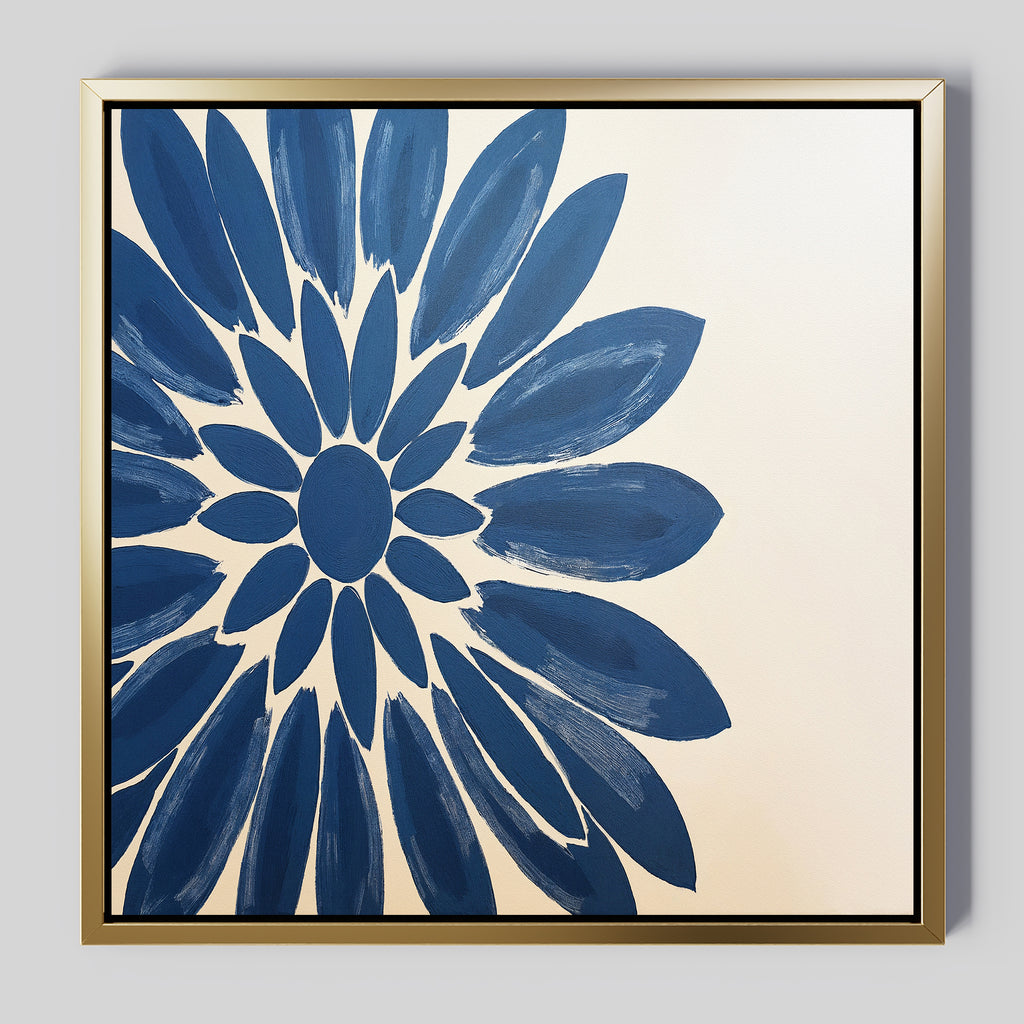 The Azure Radiance Canvas Art - Square showcases a bold, abstract indigo flower with broad petals on a light background, set in a gold frame—perfect as modern home décor.