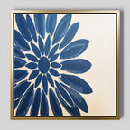 The Azure Radiance Canvas Art - Square showcases a bold, abstract indigo flower with broad petals on a light background, set in a gold frame—perfect as modern home décor.