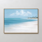 Azure Tranquility Canvas Art - Horizontal: framed print featuring a serene beach scene with turquoise waters, white sand, palm trees, and a soft blue sky.