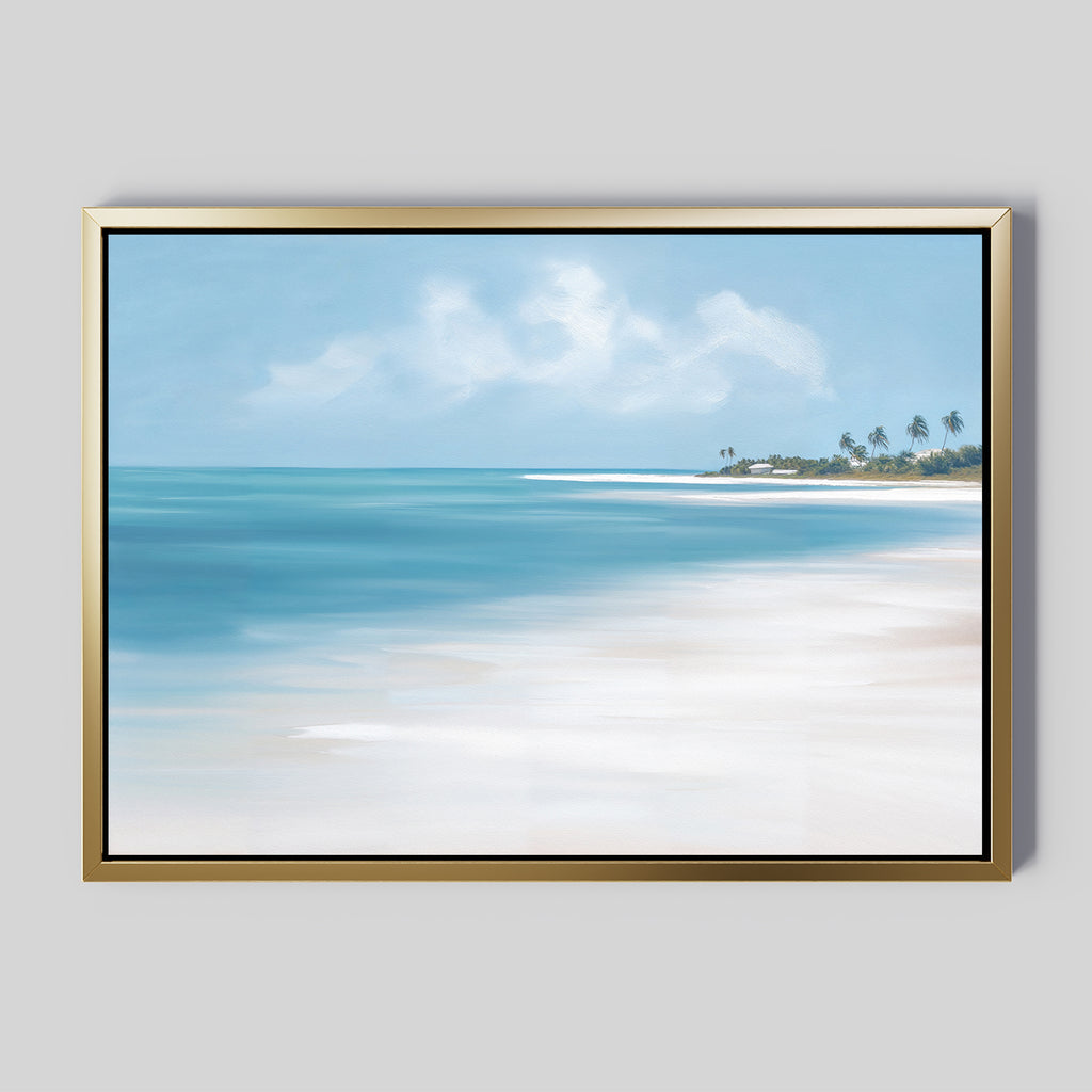 The Azure Tranquility Canvas Art - Horizontal features a serene beach and turquoise waters, perfectly capturing the peaceful beauty of the ocean.