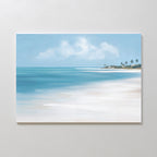 The Azure Tranquility Canvas Art - Horizontal features a serene beach with turquoise waters, white sand, and distant palms beneath a partly cloudy sky, beautifully displayed on a light-colored wall.