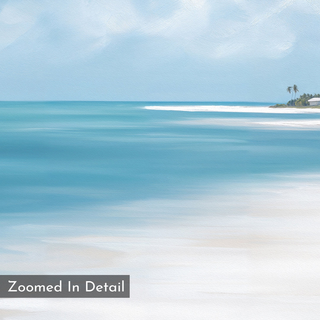 Azure Tranquility Canvas Art - Horizontal features a digital painting of a serene beach with turquoise waters, soft white sand, palm trees, and a distant building—perfect for peaceful wall décor. "Zoomed In Detail" text appears in the corner.