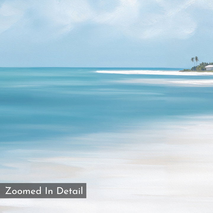 Azure Tranquility Canvas Art - Horizontal features a digital painting of a serene beach with turquoise waters, soft white sand, palm trees, and a distant building—perfect for peaceful wall décor. "Zoomed In Detail" text appears in the corner.