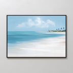 The Azure Tranquility Canvas Art - Horizontal, featuring serene turquoise waters, white sand, palm trees, and a blue sky, is displayed framed on a plain light-colored wall.