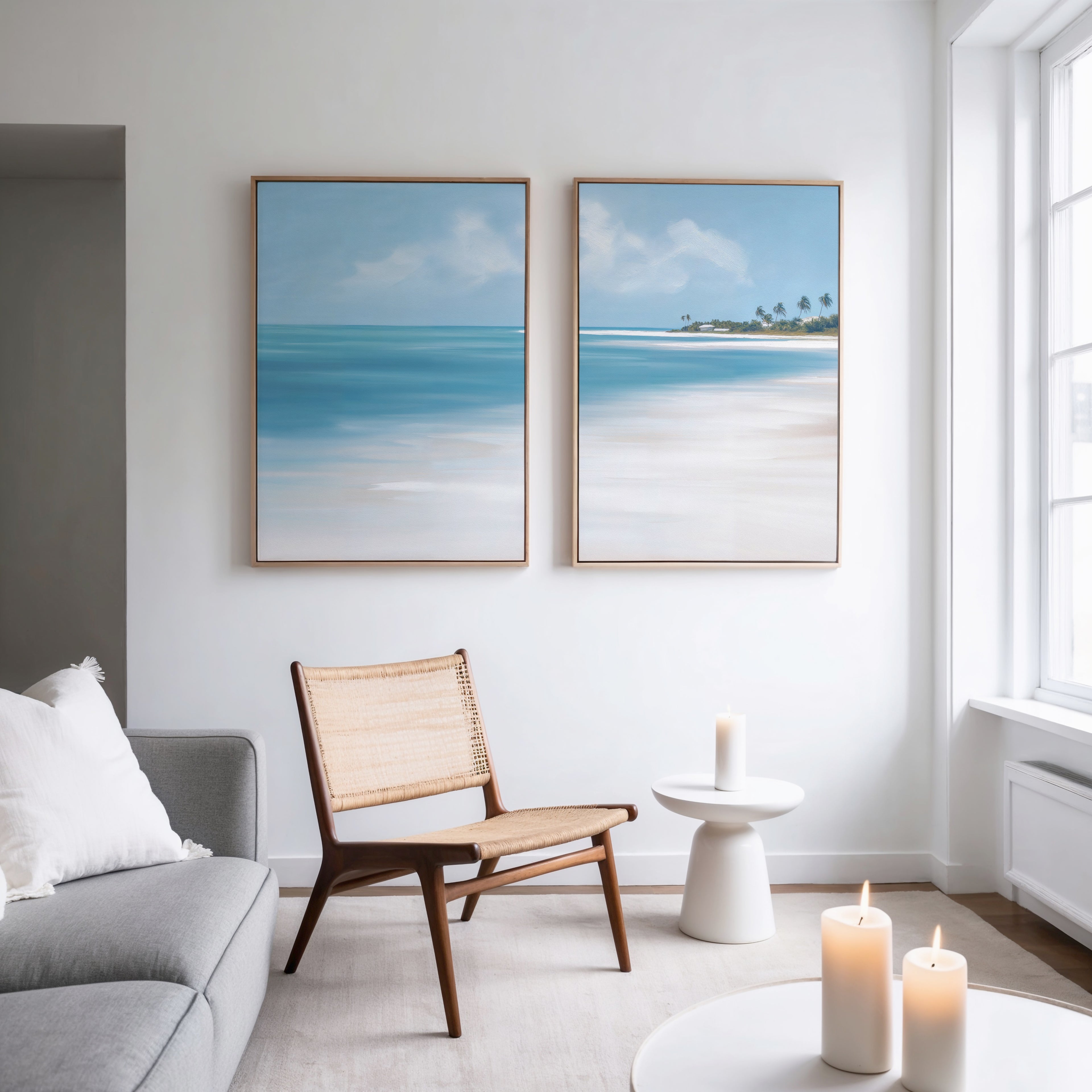 Minimalist living room with a light gray sofa, woven chair, and small round table. The "Azure Tranquility - Set of 2" wall art featuring turquoise waters hangs above the chair, while white candles and large windows create a calm, naturally lit space.