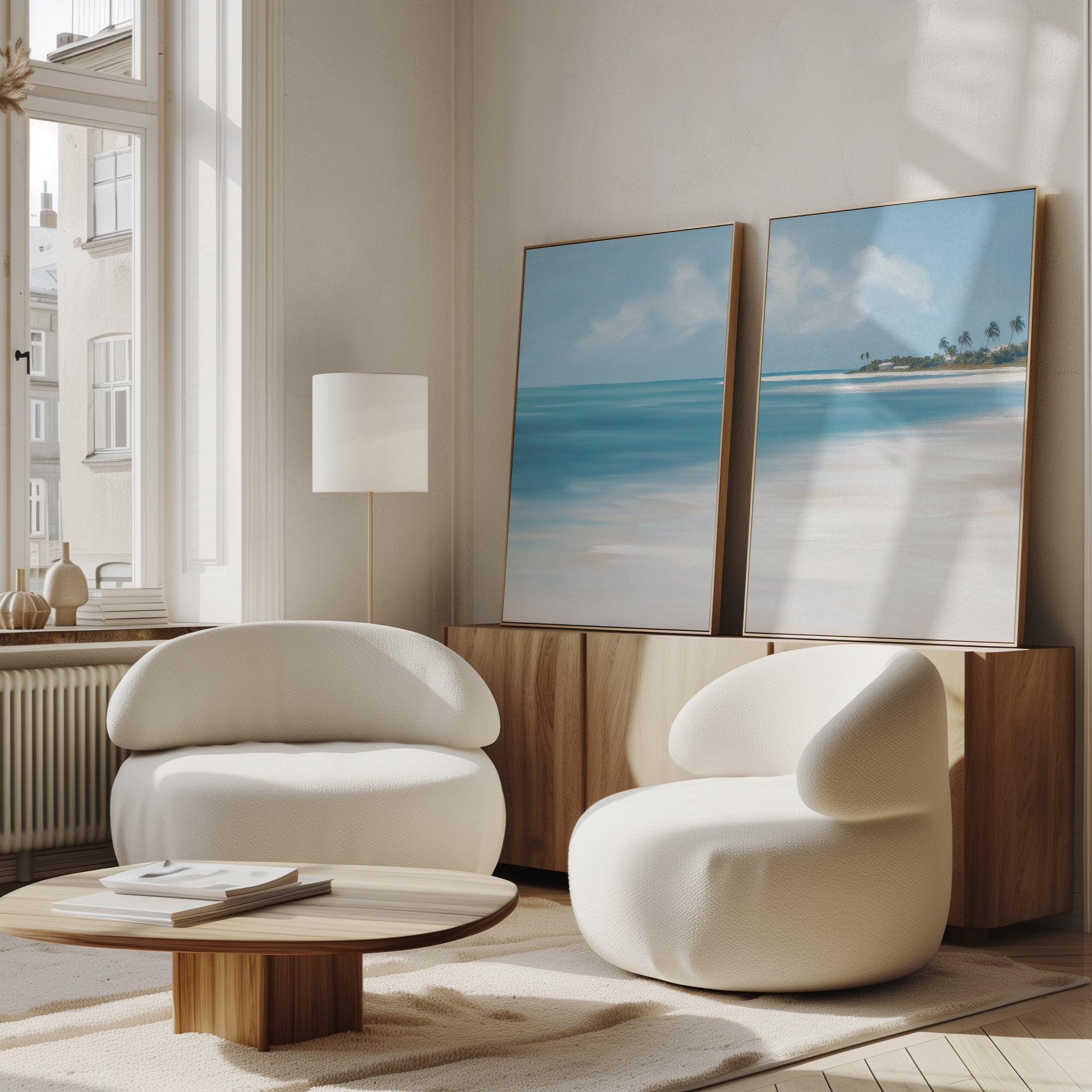 A modern living room features the Azure Tranquility - Set of 2 white rounded armchairs, a low wooden coffee table, and serene turquoise water wall art above a sideboard. Sunlight streams in, illuminating the cozy, minimalist space.