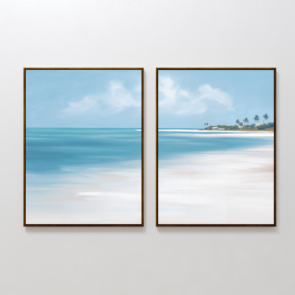 Azure Tranquility - Set of 2 features framed prints capturing a serene beach with turquoise waters, white sand, and palm-lined shore under a partly cloudy sky—ideal as tranquil coastal wall decor.