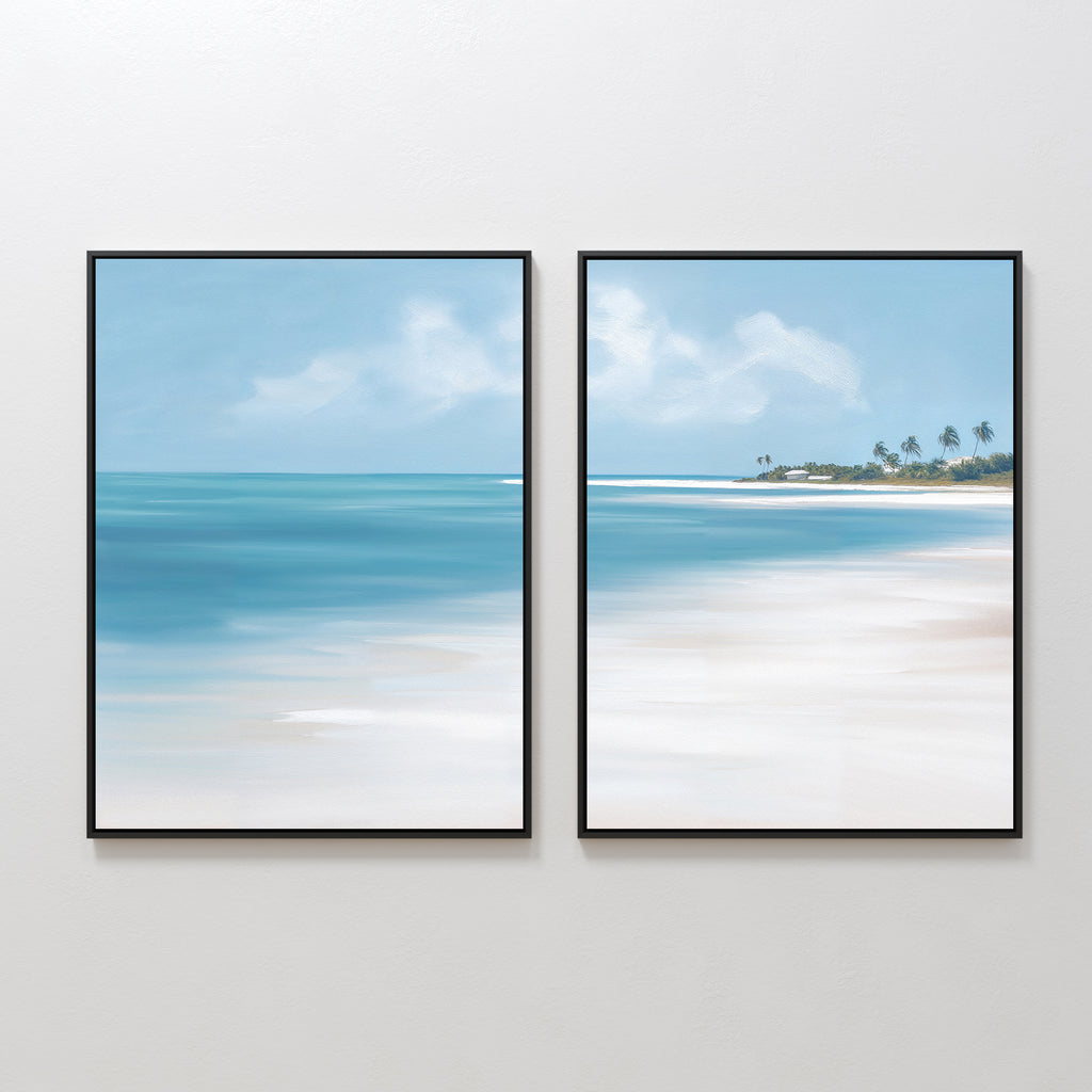 Azure Tranquility - Set of 2 features side-by-side coastal canvas prints with turquoise waters, white sand, a partly cloudy sky, and distant palm trees in the right artwork for serene wall décor.