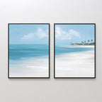 Azure Tranquility - Set of 2 features side-by-side coastal canvas prints with turquoise waters, white sand, a partly cloudy sky, and distant palm trees in the right artwork for serene wall décor.