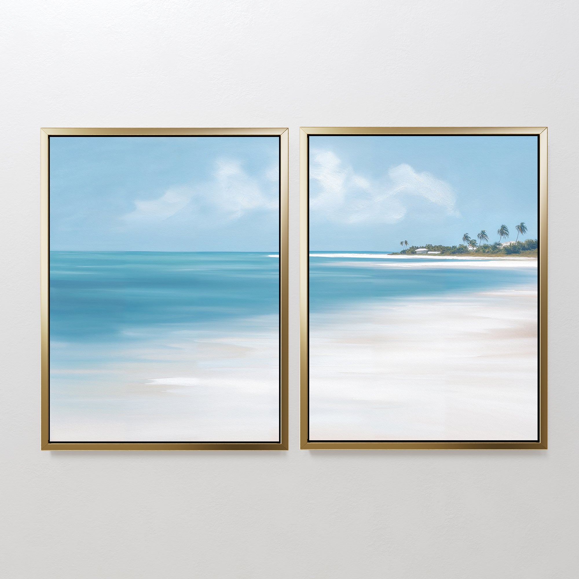 The "Azure Tranquility - Set of 2" features framed canvas prints of a serene beach with turquoise waters, white sand, and distant palm trees—perfect for adding calming coastal art to any space.