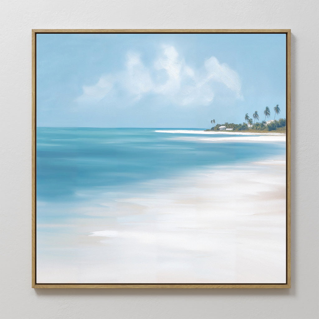 The Azure Tranquility Canvas Art - Square features a framed coastal beach scene with turquoise waters, white sand, palm trees, and a blue sky scattered with clouds.
