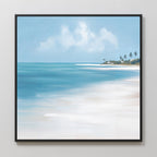 The Azure Tranquility Canvas Art - Square showcases a serene beach scene with turquoise waters, white sand, palm trees, and a partly cloudy blue sky—beautifully printed and framed for a tranquil coastal vibe.