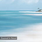 The Azure Tranquility Canvas Art - Square features a digital painting of a serene beach with gentle waves and white sand under palm trees, in soothing blues and whites. "Zoomed In Detail" appears at the lower left, perfect for calming wall décor.