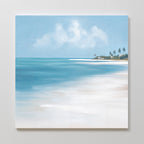 The Azure Tranquility Canvas Art - Square features a tranquil beach scene with turquoise waters, white sand, palm trees, and a partly cloudy sky, creating serene coastal decor for your wall.