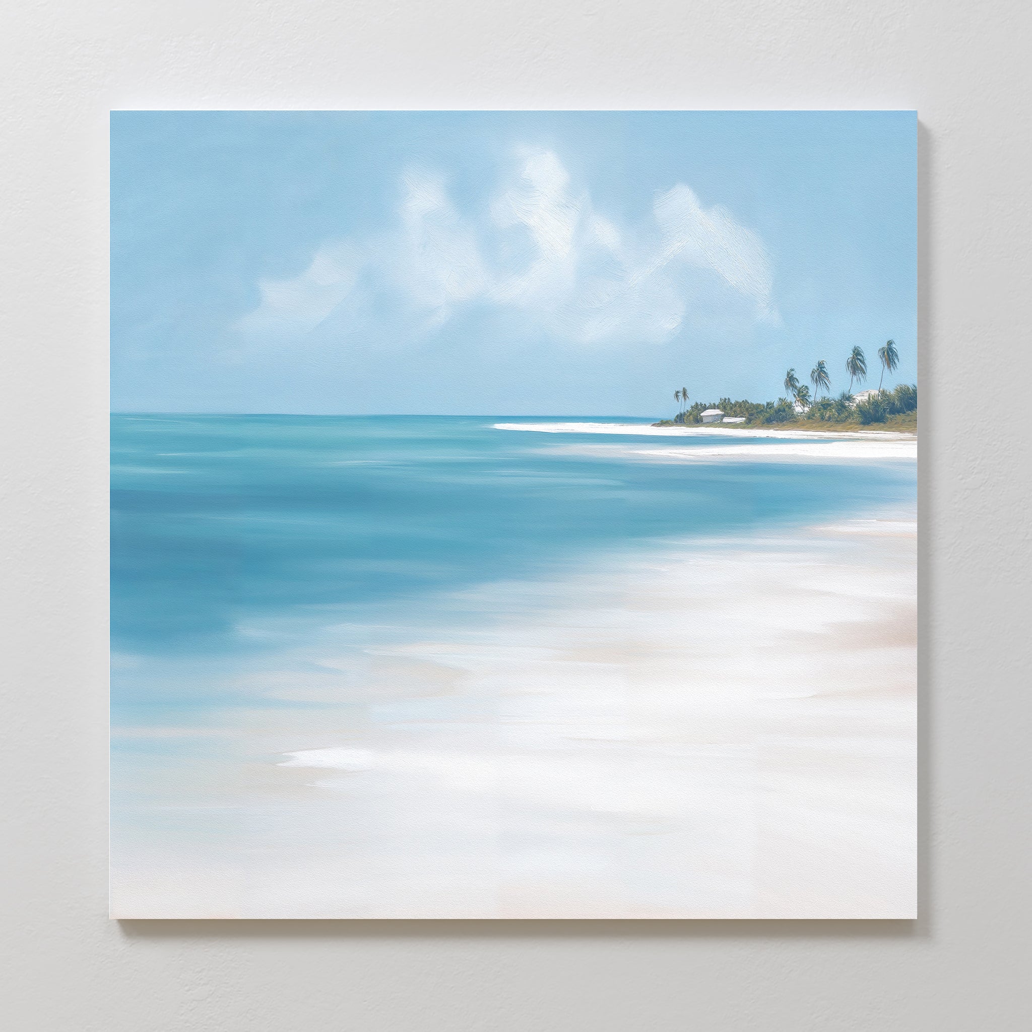 The Azure Tranquility Canvas Art - Square features a tranquil beach scene with turquoise waters, white sand, palm trees, and a partly cloudy sky, creating serene coastal decor for your wall.