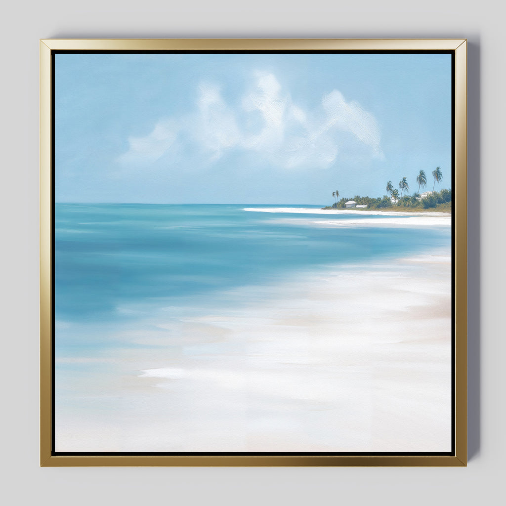 The Azure Tranquility Canvas Art - Square features a framed coastal scene of turquoise waters, white sand, gentle waves, distant palm trees, and a partly cloudy blue sky. A gold frame enhances the tranquil beach artwork.