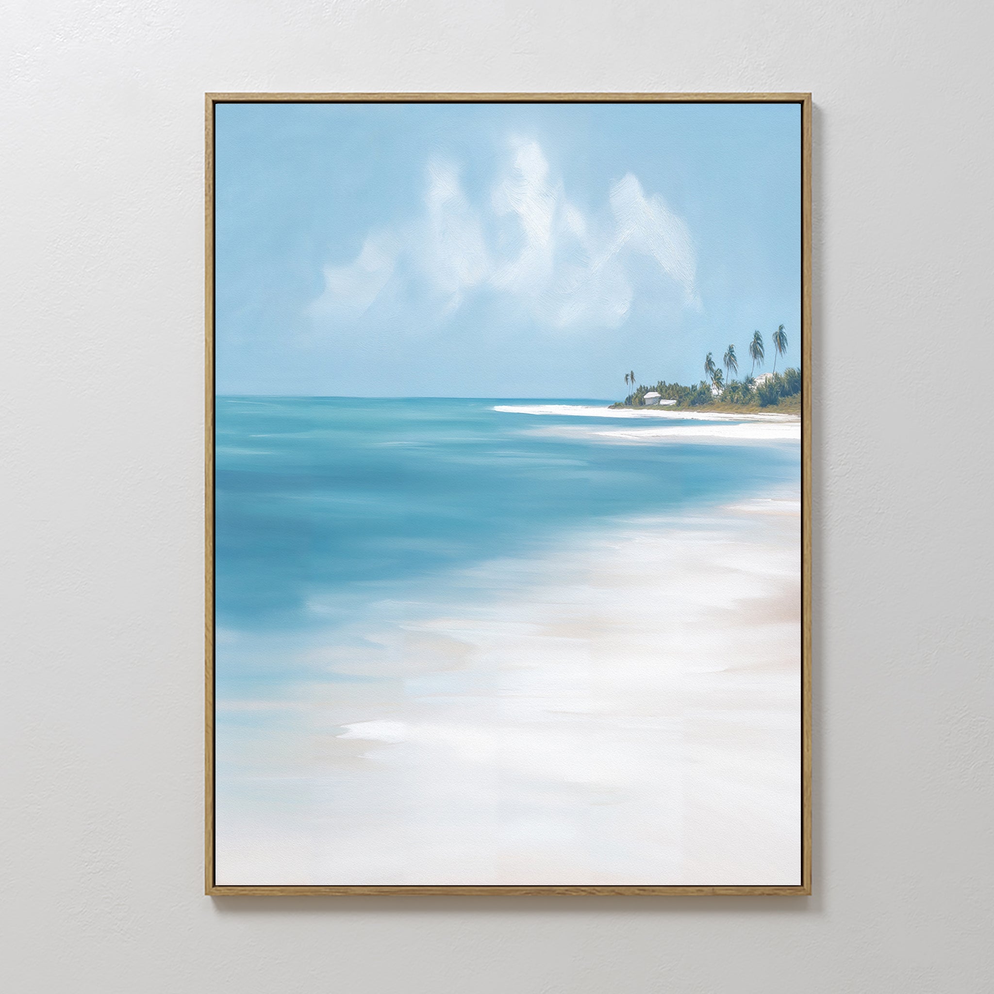 The Azure Tranquility Canvas Art - Vertical features a serene beach with turquoise waters, white sand, distant palm trees, and a blue sky with wispy clouds, beautifully framed and displayed on a plain white wall.