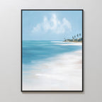 The "Azure Tranquility Canvas Art - Vertical," featuring turquoise waters, sandy shore, and palm trees beneath a partly cloudy sky, is displayed in a frame on a plain white wall.