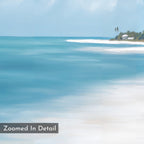 Azure Tranquility Canvas Art - Vertical shows turquoise waters, a white sandy shore, distant palm trees, and “Zoomed In Detail” at the bottom left—ideal as serene wall art for any space.