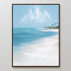 The Azure Tranquility Canvas Art - Vertical showcases a peaceful beach scene with turquoise waters, white sand, palm trees, and a clear blue sky with wispy clouds in a stylish framed print.