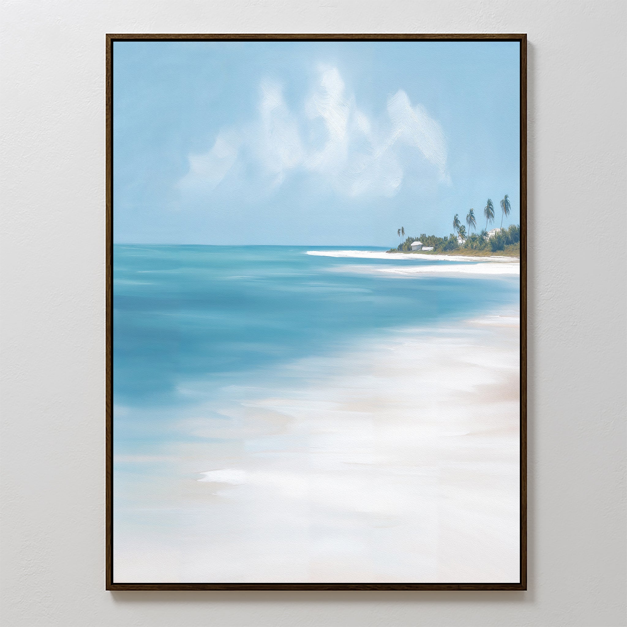 The Azure Tranquility Canvas Art - Vertical showcases a peaceful beach scene with turquoise waters, white sand, palm trees, and a clear blue sky with wispy clouds in a stylish framed print.