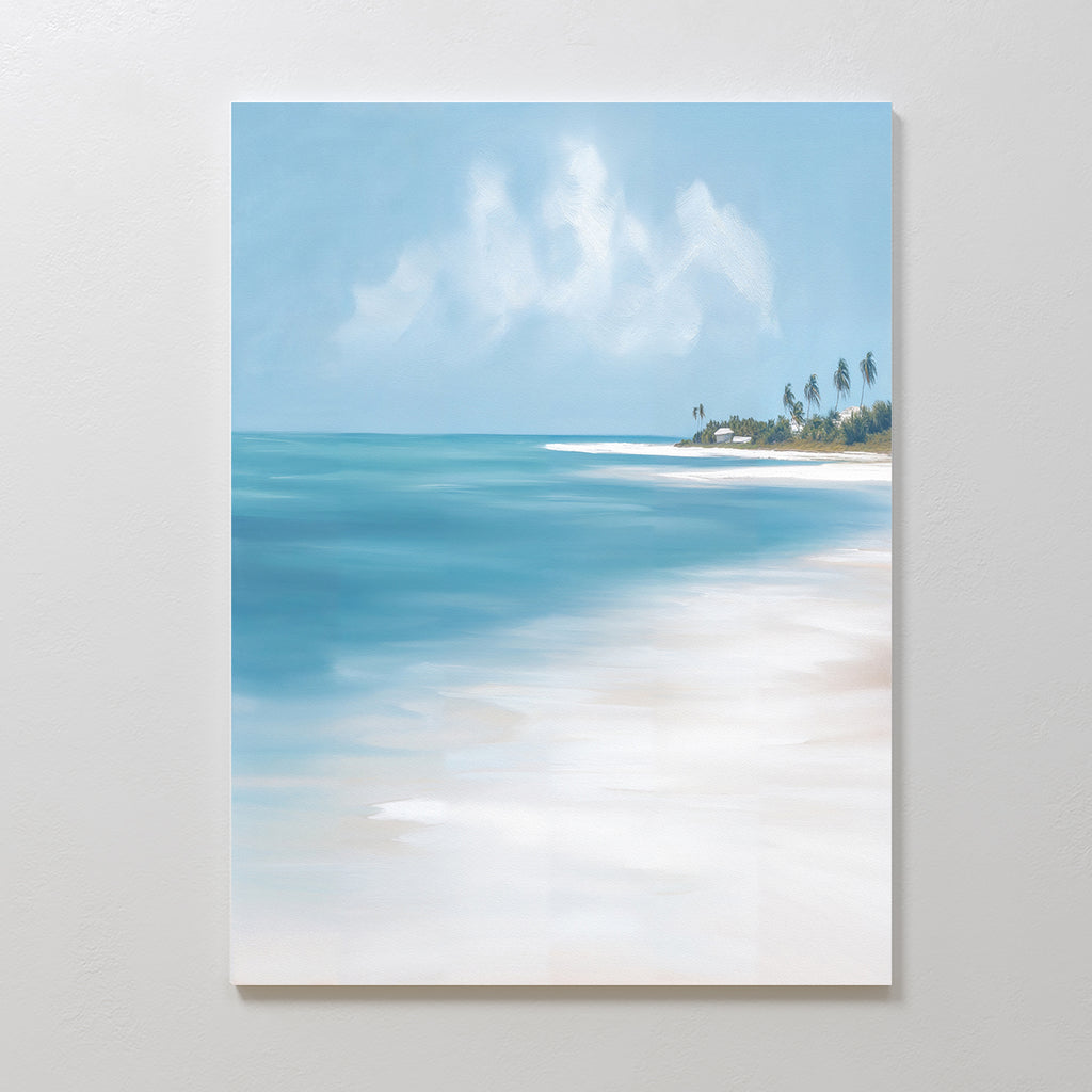 The Azure Tranquility Canvas Art - Vertical showcases a serene beach with turquoise waters, soft white sand, and palm trees under a partly cloudy blue sky, displayed elegantly on a plain white wall.