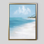 The Azure Tranquility Canvas Art - Vertical features a serene beach scene with turquoise waters, white sand, palm trees, and a blue sky. It comes framed in gold with a thin black inner border for an elegant coastal touch.