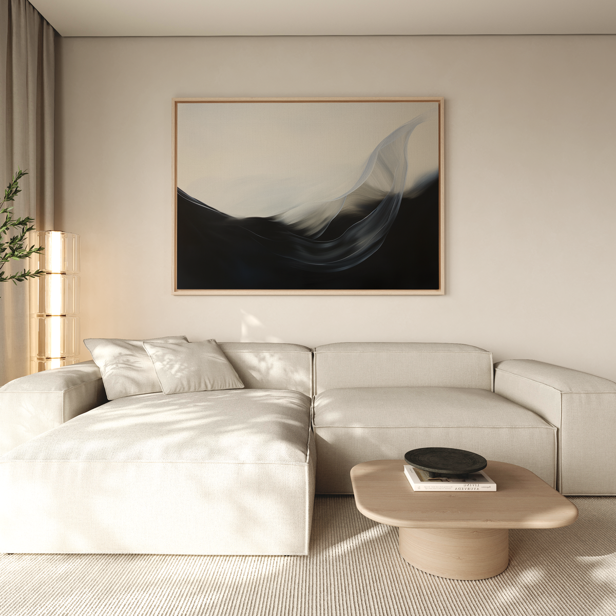 A modern living room with a light beige sectional sofa, a wooden coffee table, and the Oceanic Pulse Abstract Canvas Art in neutral tones above the sofa. Sheer curtains and soft natural light complete this stylish decor.