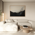 A modern living room with a light beige sectional sofa, a wooden coffee table, and the Oceanic Pulse Abstract Canvas Art in neutral tones above the sofa. Sheer curtains and soft natural light complete this stylish decor.
