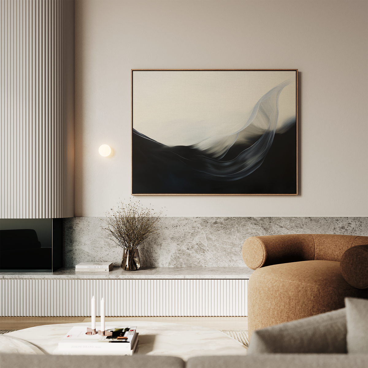 A modern living room with a brown curved sofa, light marble coffee table, minimal decor, and the Oceanic Pulse Abstract Canvas Art—featuring soft, flowing dark and light shapes—makes for truly sophisticated living room decor.
