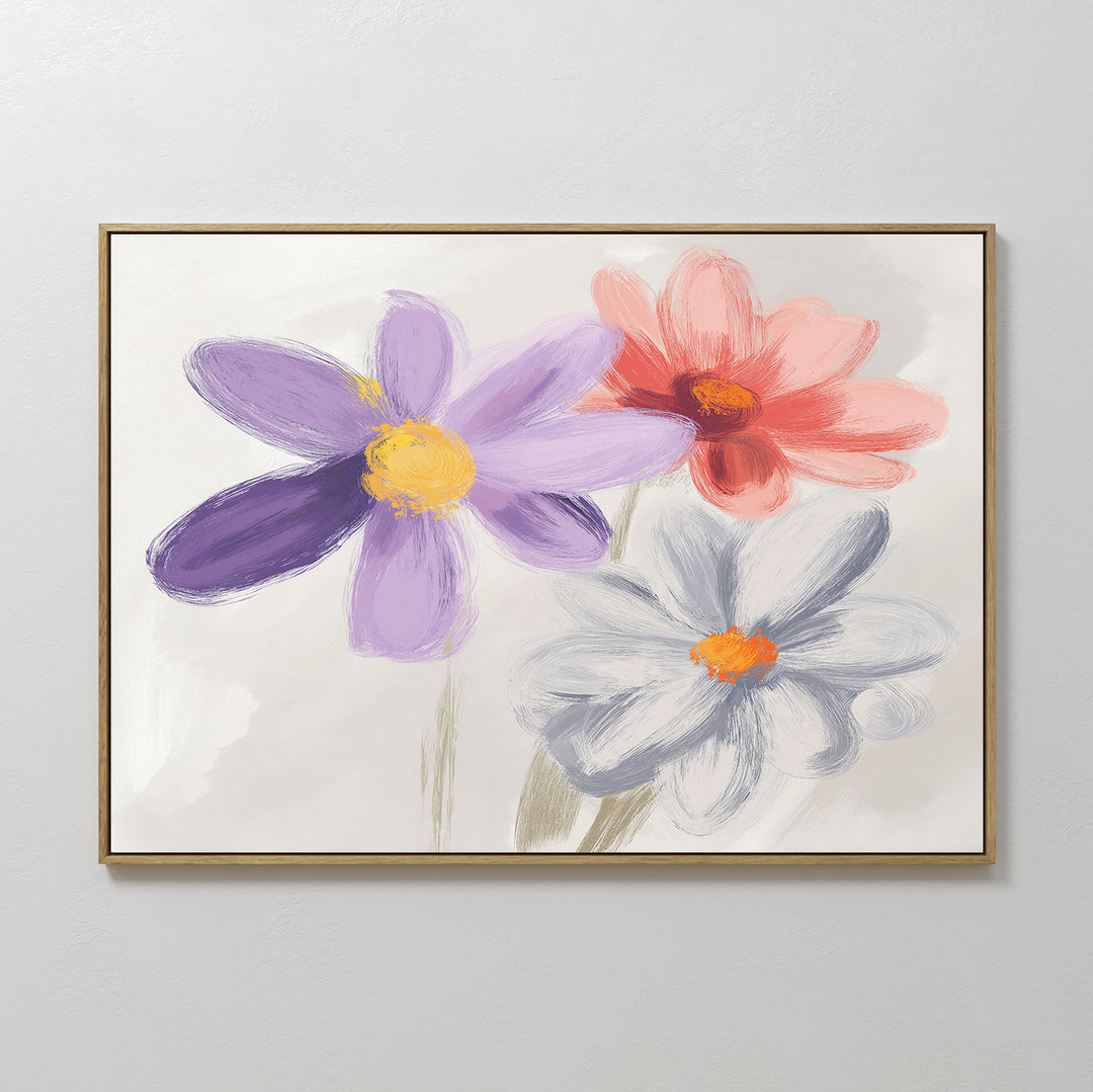 The Blooming Harmony Canvas Art - Horizontal features three large flowers in purple, red-pink, and white with yellow centers on a light background. This framed floral print is ideal botanical wall art for a peaceful, Nordic Park-inspired space.