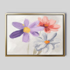 Blooming Harmony Canvas Art - Horizontal features three large abstract flowers in purple, red, and pale blue with vibrant centers on a neutral background—ideal botanical wall decor for a Nordic Park-inspired space.