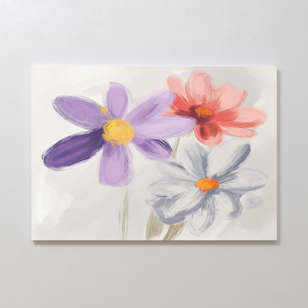 The Blooming Harmony Canvas Art - Horizontal features three flowers—purple with a yellow center, pinkish-red, and pale blue with an orange center—on a neutral background, adding Nordic Park botanical style to your space.