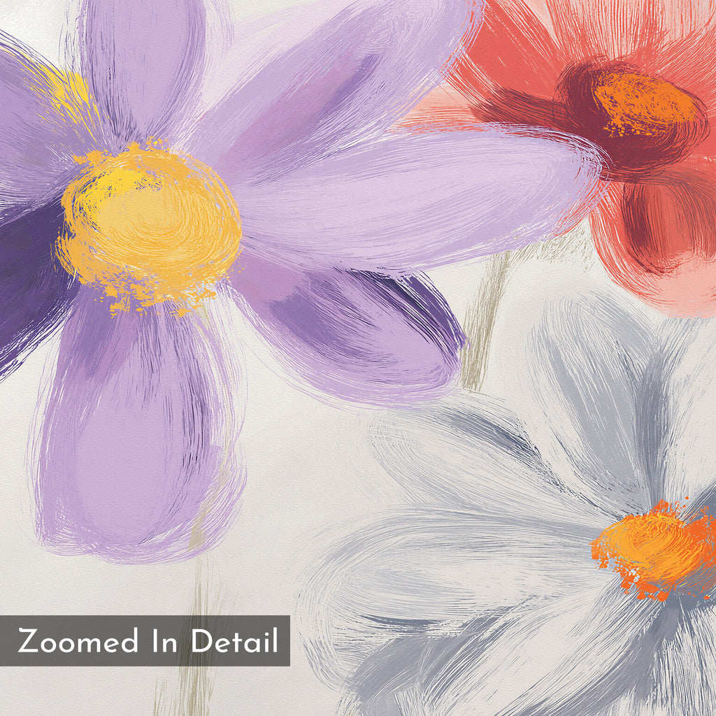 A close-up of the Blooming Harmony Canvas Art - Horizontal reveals three flowers—purple, red-orange, and light gray—with textured brushstrokes. "Zoomed In Detail" is visible in the corner, highlighting this botanical wall art's essence.
