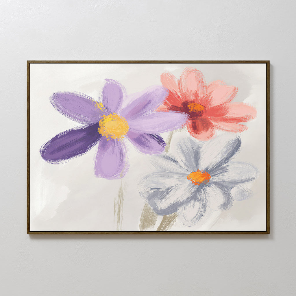 The Blooming Harmony Canvas Art - Horizontal features three large abstract flowers in purple, red, and white with yellow centers on a neutral background—ideal modern botanical wall art for any room.