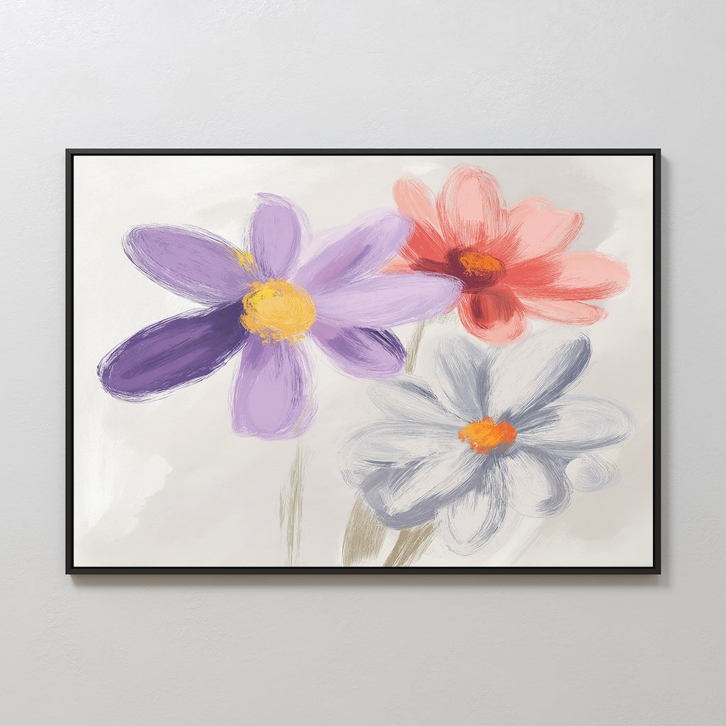 The Blooming Harmony Canvas Art - Horizontal features three vibrant flowers—purple, red, and white—painted in broad strokes on a light background, adding a botanical accent to any room.