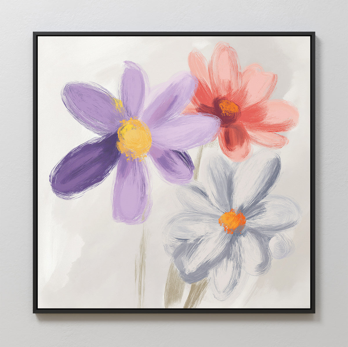 The Blooming Harmony Canvas Art - Square features three vibrant flowers—purple, pink, and white—on a light background, adding botanical charm to any space with its elegant floral design.
