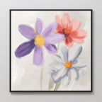 The Blooming Harmony Canvas Art - Square features three vibrant flowers—purple, pink, and white—on a light background, adding botanical charm to any space with its elegant floral design.