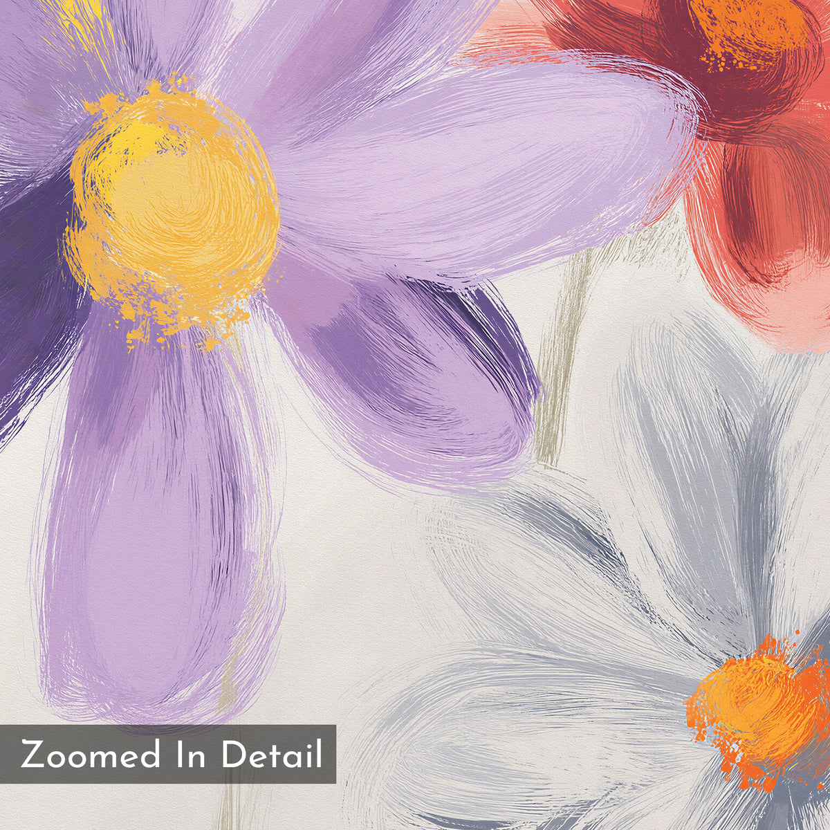 A close-up of three painterly flowers—a large purple with yellow center, a gray with orange center, and part of a red—on the Blooming Harmony Canvas Art - Square. “Zoomed In Detail” appears in the image, perfect for floral wall decor.