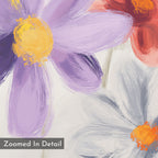 A close-up of three painterly flowers—a large purple with yellow center, a gray with orange center, and part of a red—on the Blooming Harmony Canvas Art - Square. “Zoomed In Detail” appears in the image, perfect for floral wall decor.