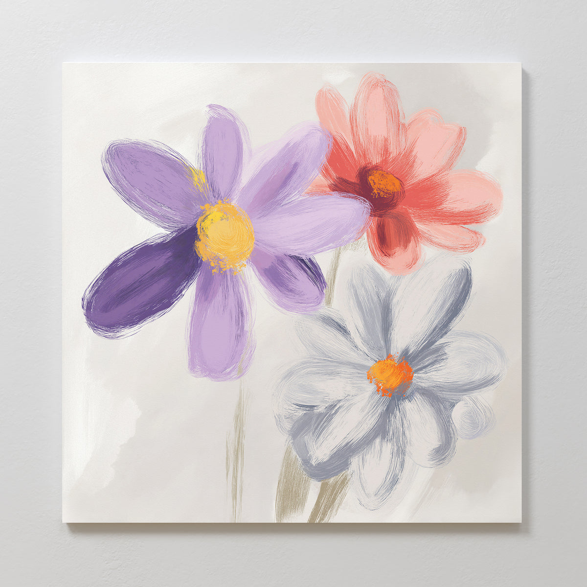 Blooming Harmony Canvas Art - Square features three large flowers—purple, red, and white with yellow centers—painted with visible brushstrokes on a light background, making it perfect floral wall art to brighten any room.