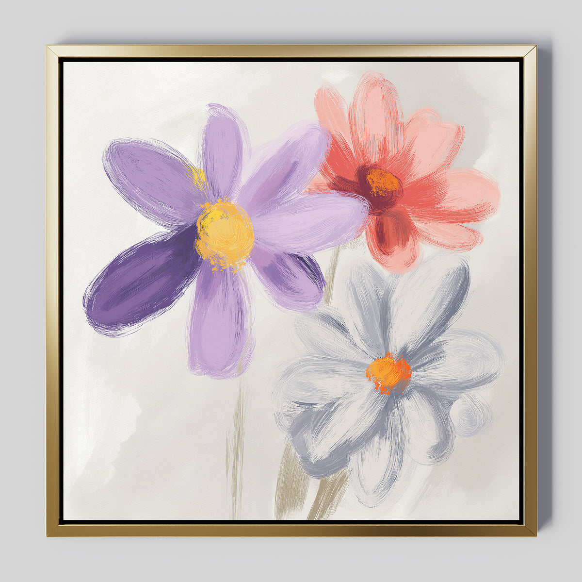 The Blooming Harmony Canvas Art - Square features three vibrant flowers—purple with yellow, red with orange, and pale blue with orange centers—on a soft background; perfect as botanical decor or floral wall art.