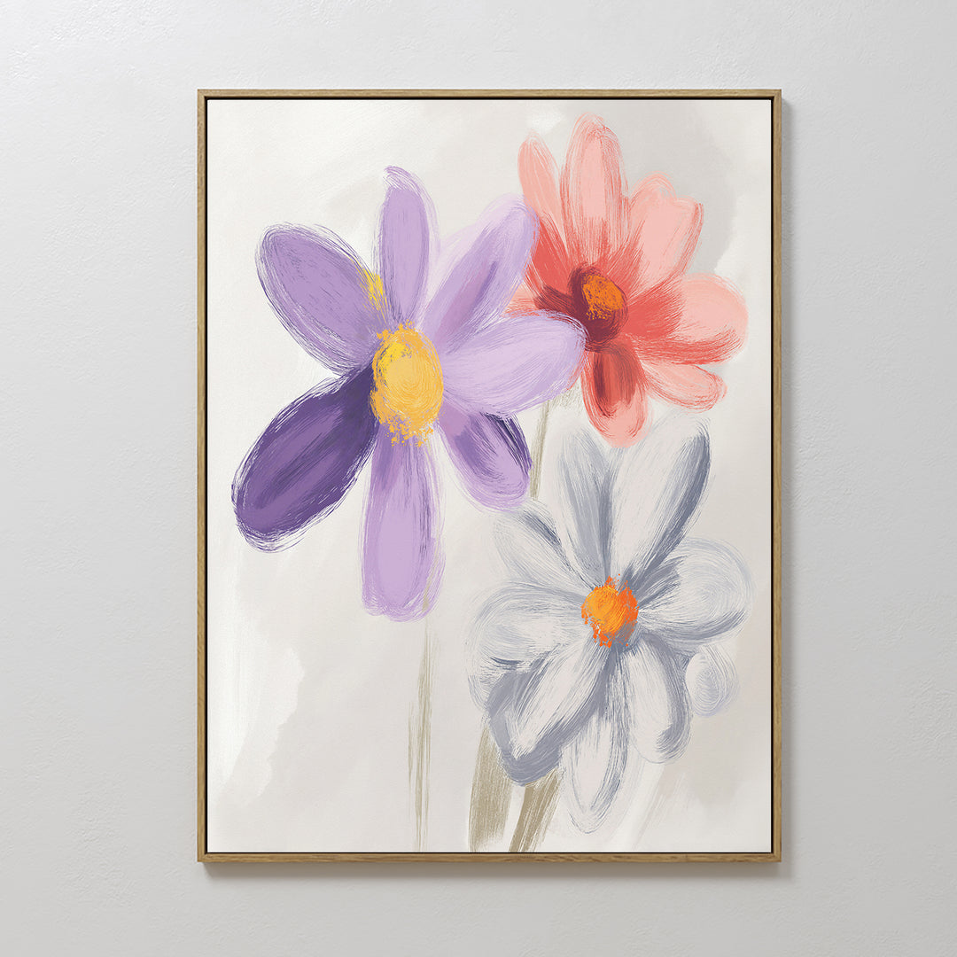The Blooming Harmony Canvas Art - Vertical features three large abstract flowers in purple, pink, and white on a light background—perfect for adding refined botanical style to your Nordic Park-inspired space.