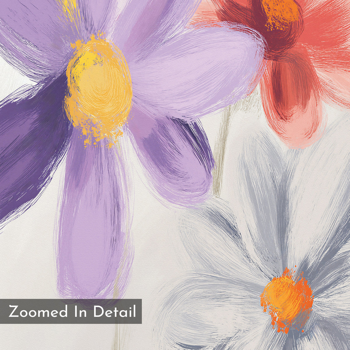 A close-up of three abstract flowers with textured brushstrokes on a light background—perfect as botanical wall art. Features purple, red-orange, and pale blue blooms. "Zoomed In Detail" text. Blooming Harmony Canvas Art - Vertical.