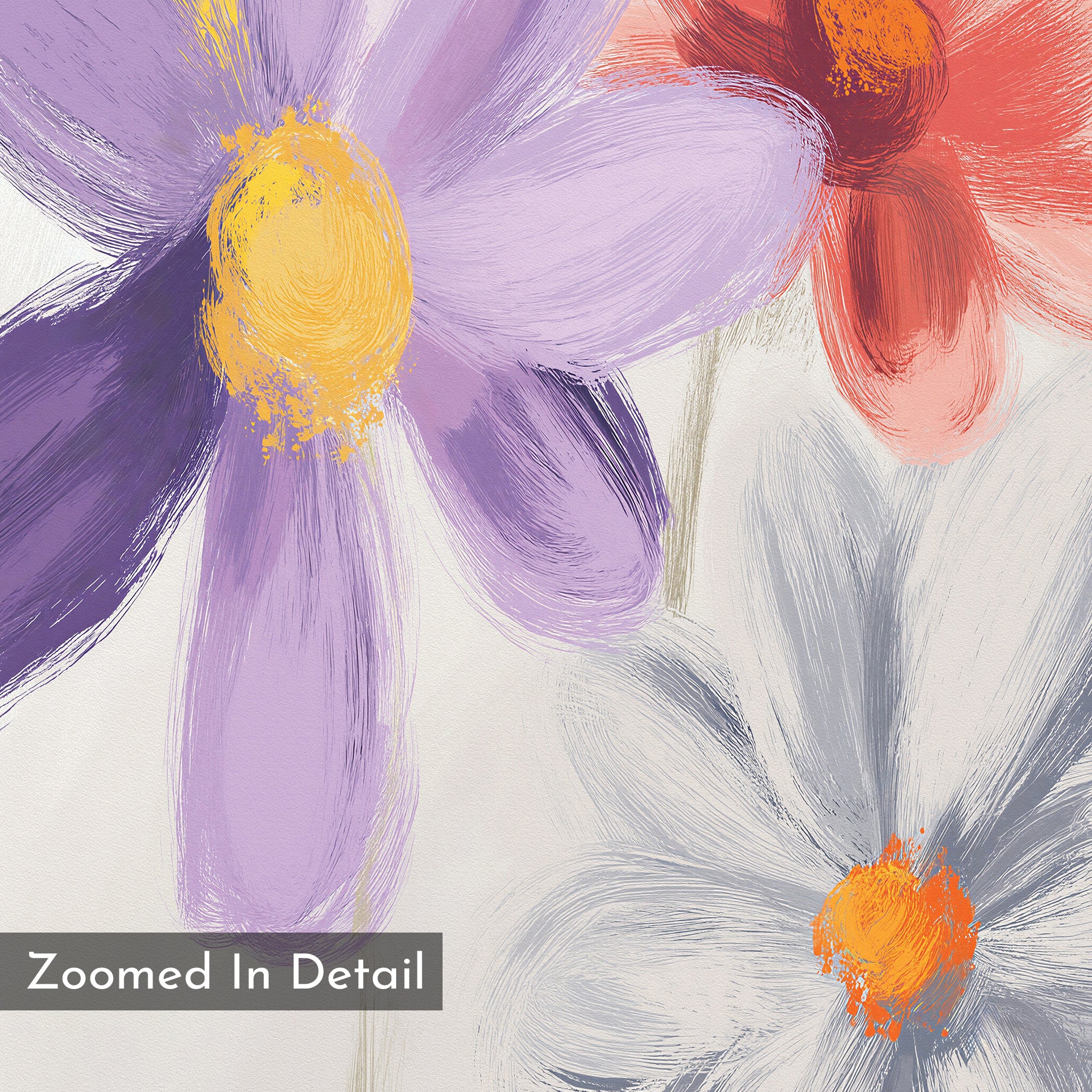 A close-up of three abstract flowers with textured brushstrokes on a light background—perfect as botanical wall art. Features purple, red-orange, and pale blue blooms. "Zoomed In Detail" text. Blooming Harmony Canvas Art - Vertical.